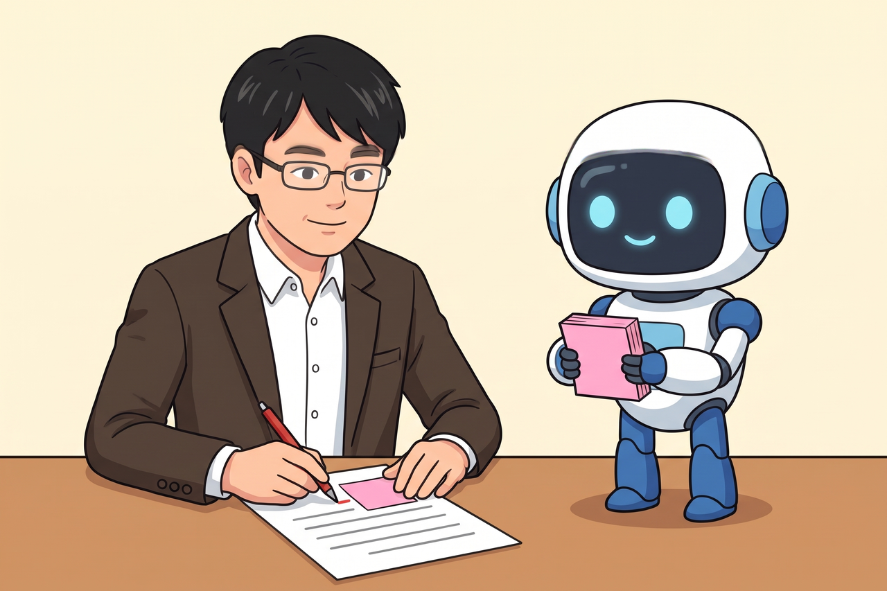 赤ペンで直す島田の手元に、AIが貼ったピンクの付箋が残っている