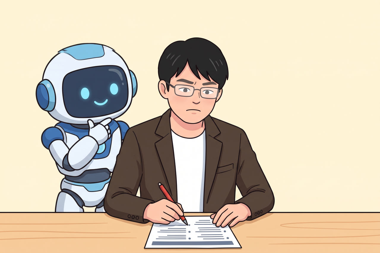求人の紙の1行で手を止め、眉を寄せる島田と、のぞき込むAIロボット
