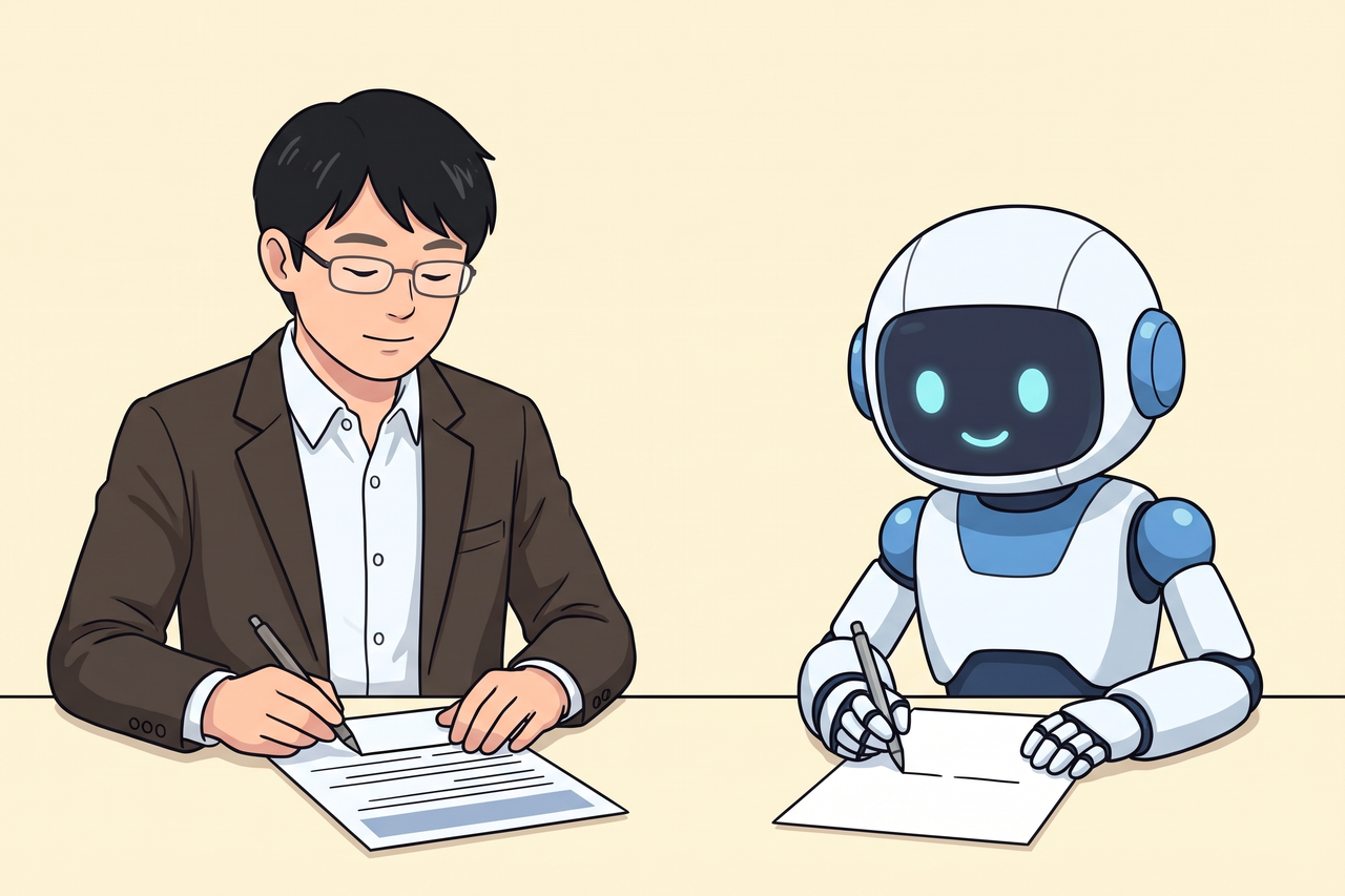 1行を書き直す島田と、新しい1行を書くAIロボット