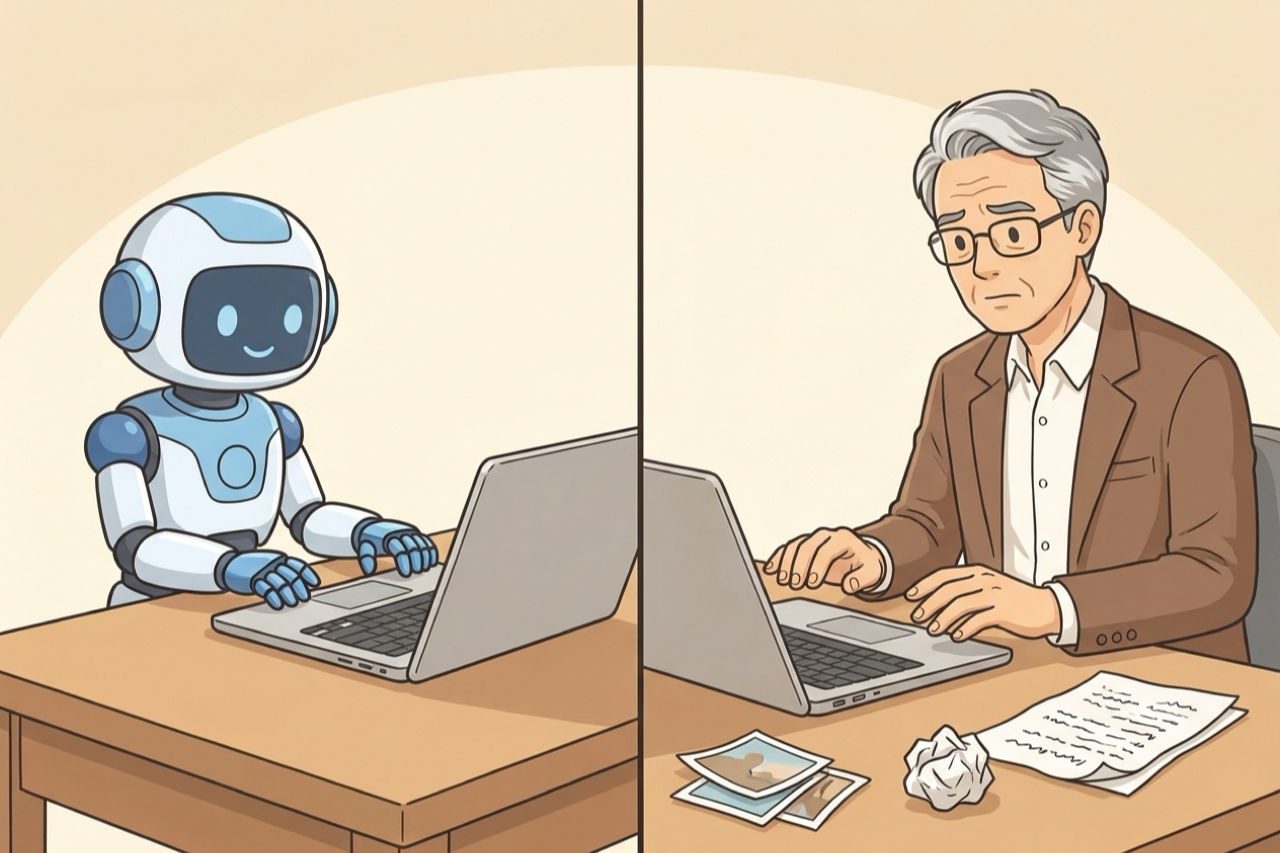 軽快に打つロボットの隣で、写真と原稿を前に手が止まっている年配の経営者