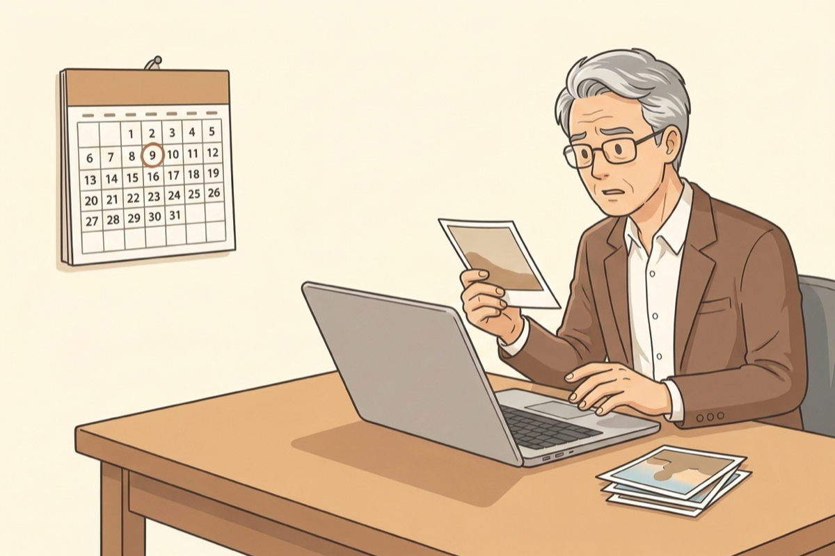 写真を手にしたまま、パソコンの前で手が止まっている年配の経営者