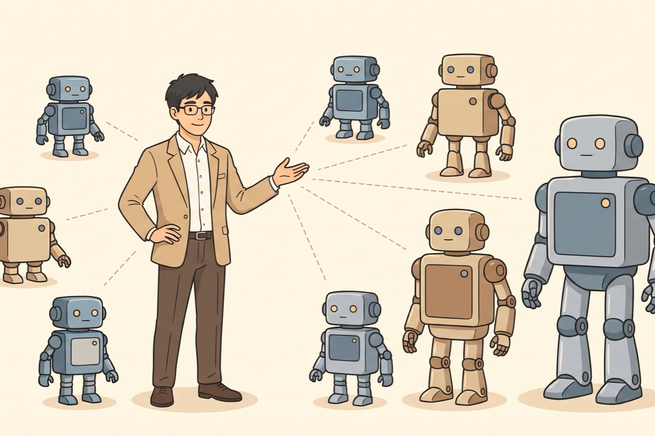 賢そうなAIロボットが窓口で来客に応対し、奥では標準クラスのAIロボットたちが実務をこなす、コストを抑えたAI内分業のオフィスを表したイラスト