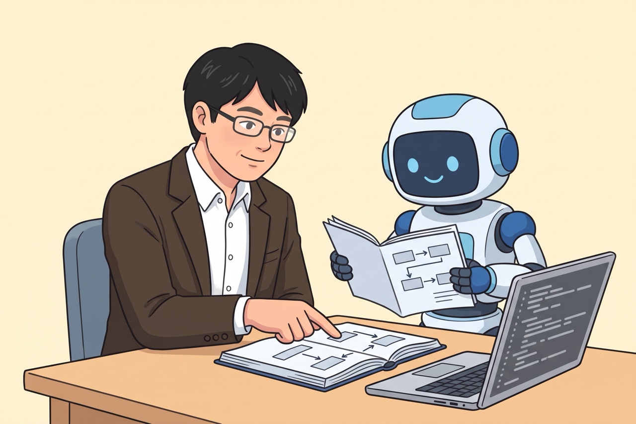 箱と矢印の仕様書を読むAIロボットと、図の矢印を指さす島田