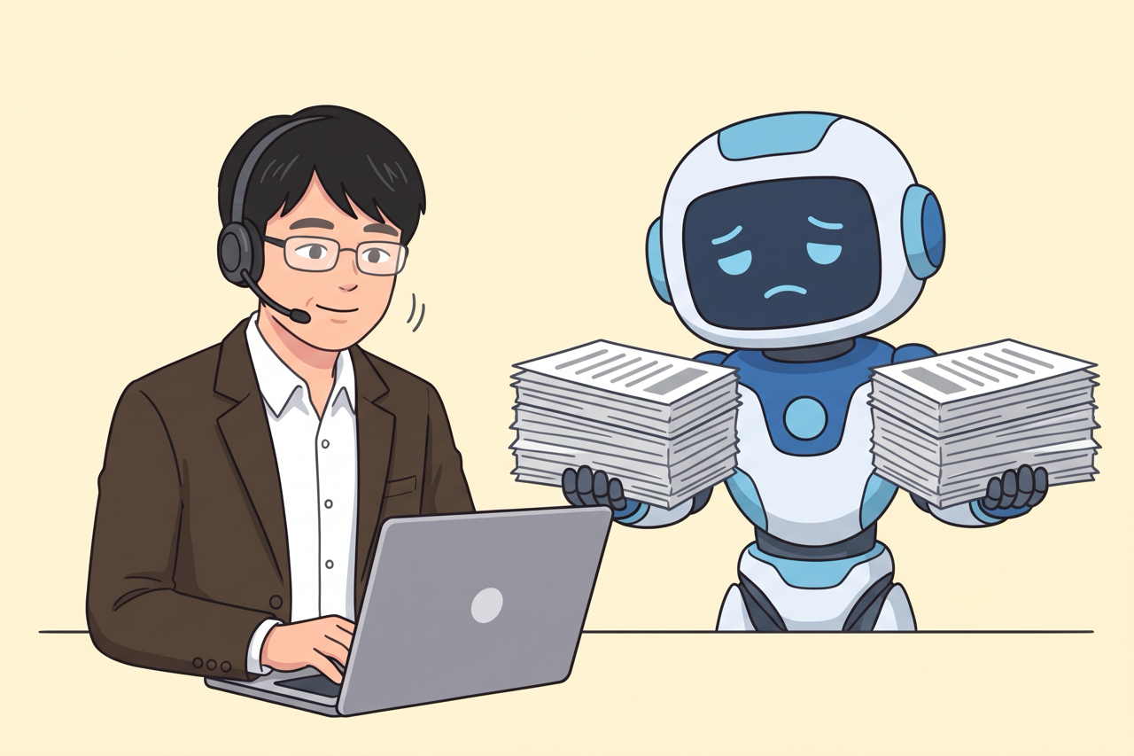 ヘッドセットを付けて相談を聞く島田と、レポートの束を両手に持って疲れた様子のAIロボット