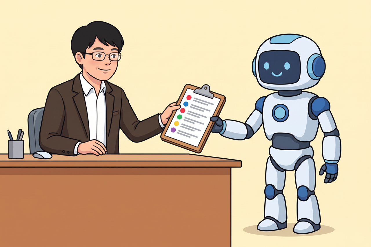 色の丸シールで名前を隠した顧客リストを、ロボットに渡す男性