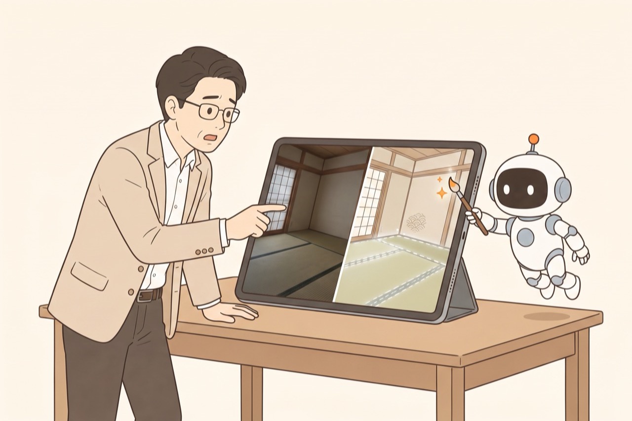 AIによる写真加工で、畳に存在しない縁が描き足されてしまった様子を示すイラスト