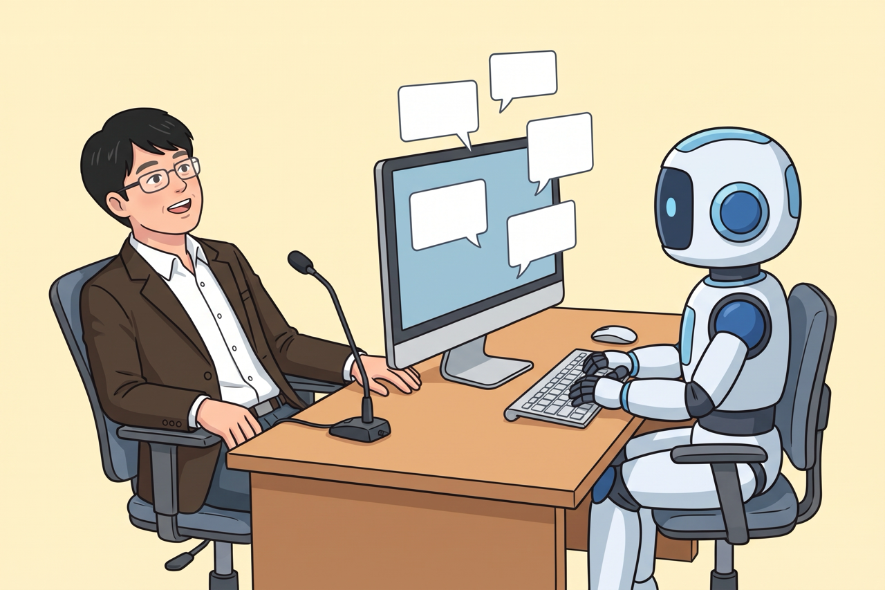 マイクに話しかける島田と、隣で返信を打つAIロボット