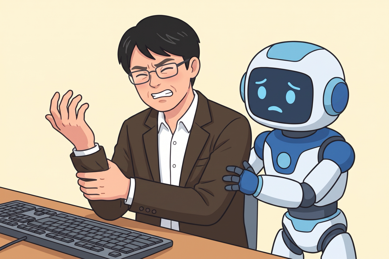 腕を押さえて顔をしかめる島田と、心配そうに寄り添うAIロボット