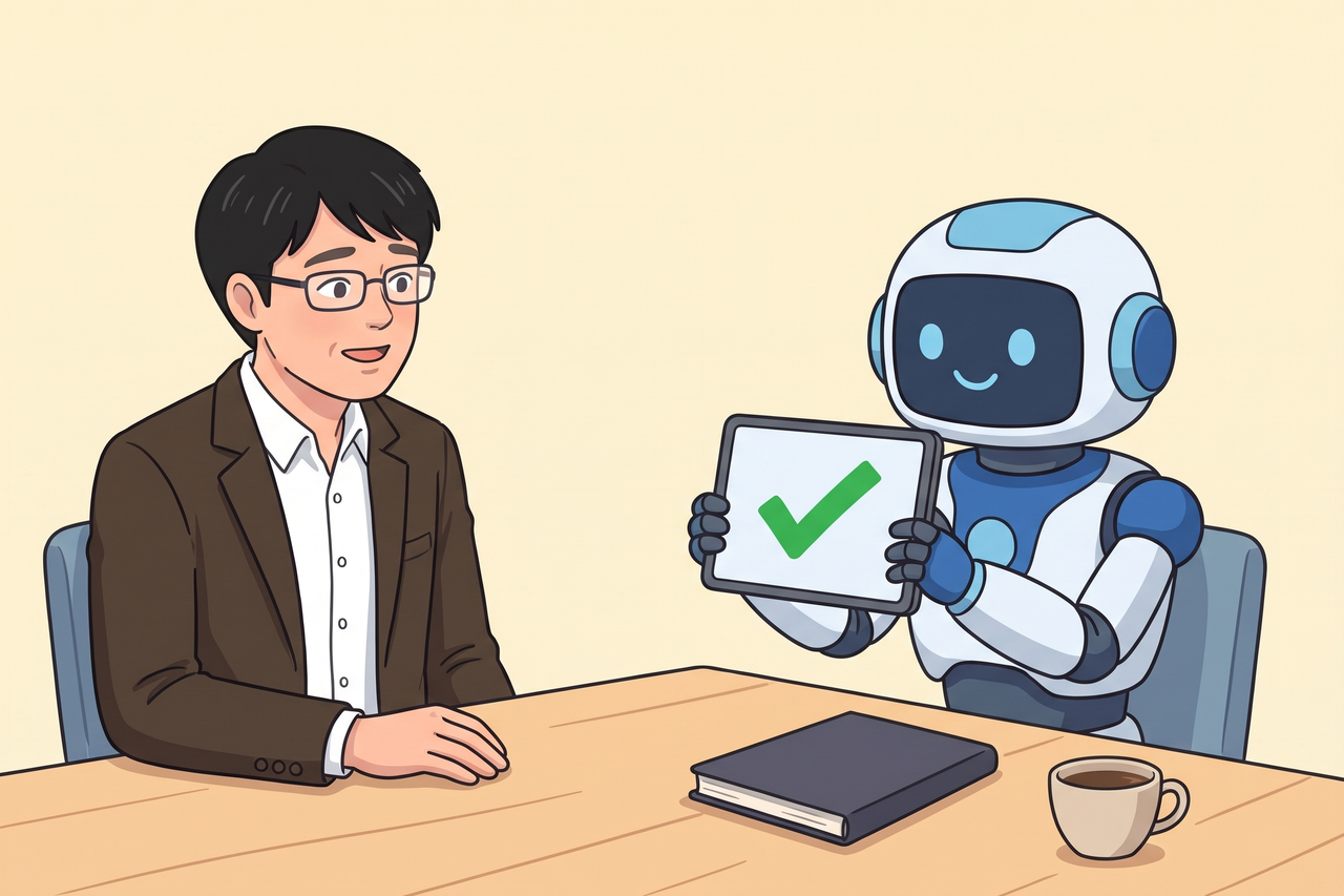 打ち合わせの席で、チェックマークが表示されたタブレットを見せるロボットと男性