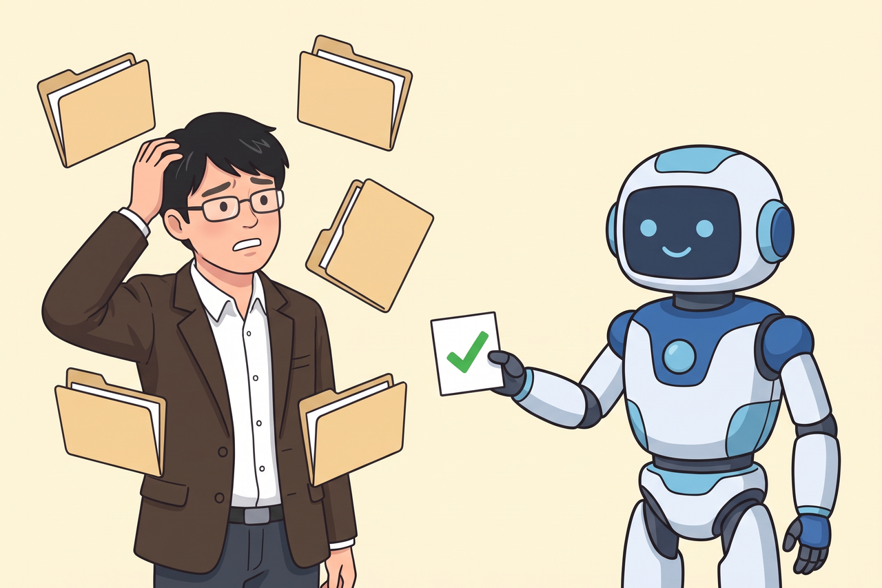 書類のフォルダに囲まれて頭をかく男性に、チェックマークのカードを渡すロボット