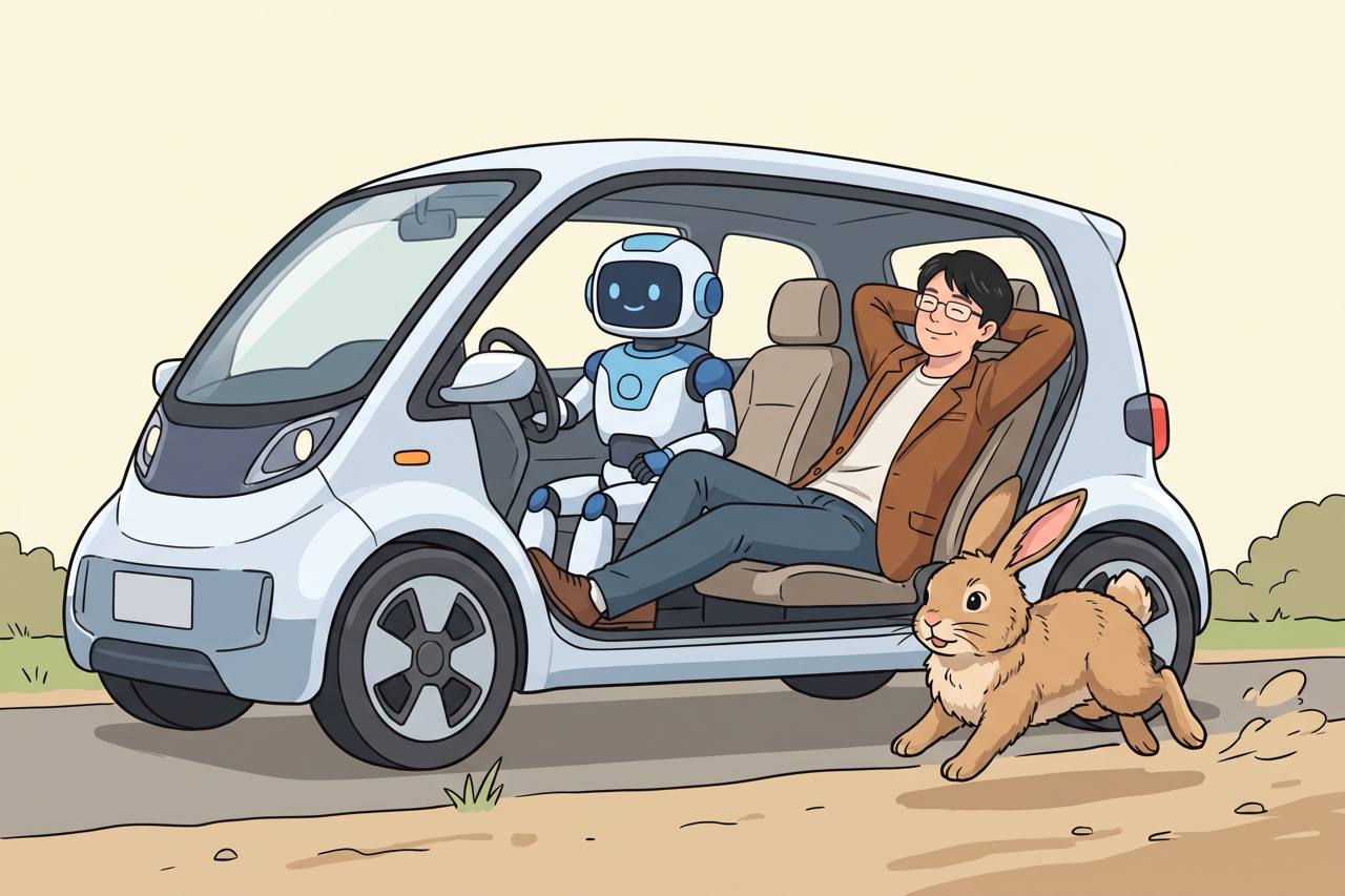 自分の脚で懸命に走るウサギを、自動運転の電気自動車に乗った亀が追い越していくイラスト
