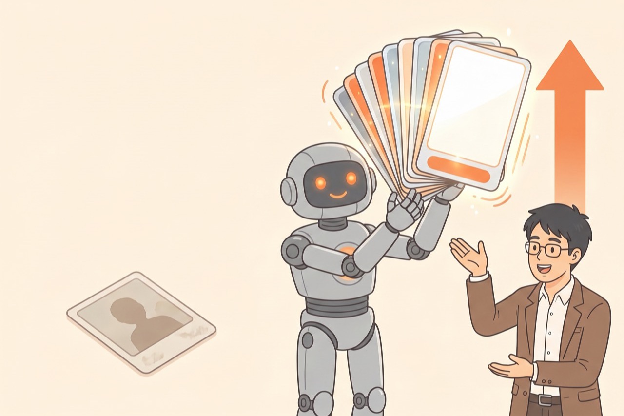 単独写真とカルーセル投稿の届き方の差を島田とロボットが見比べているイラスト