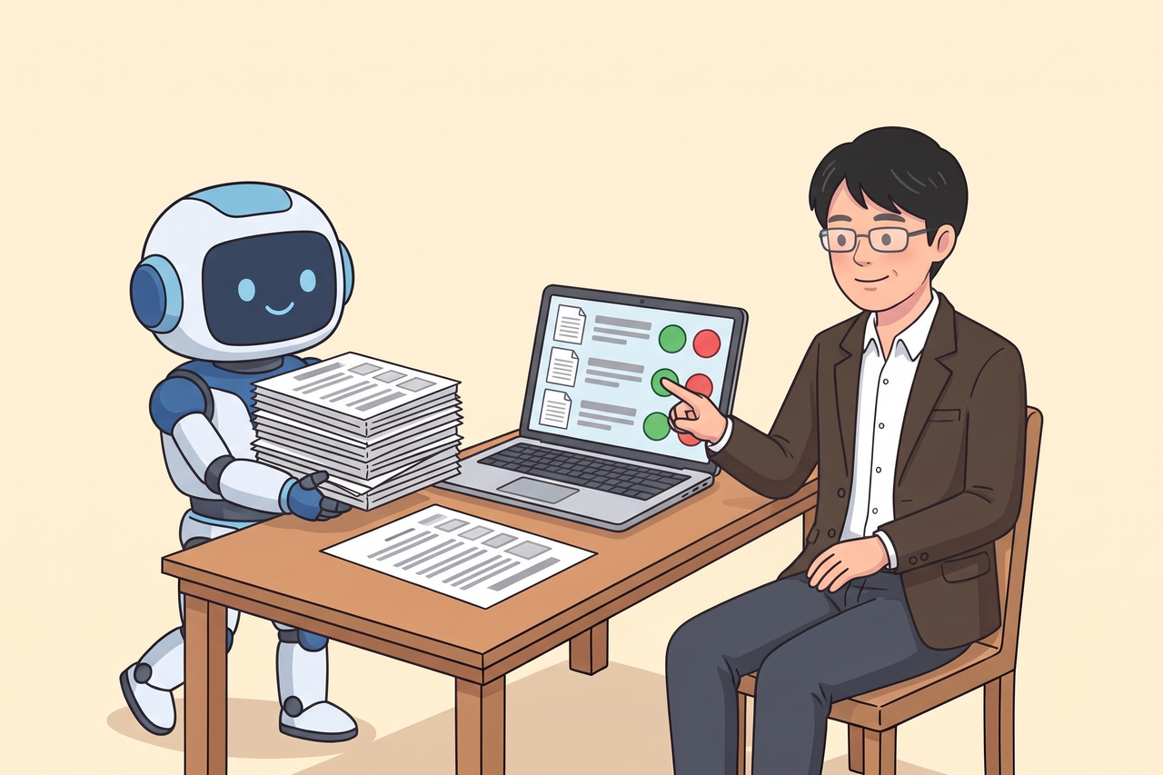 AIロボットが原稿の束を運んでくる横で、島田がノートパソコンの確認画面に並んだボタンを押している様子