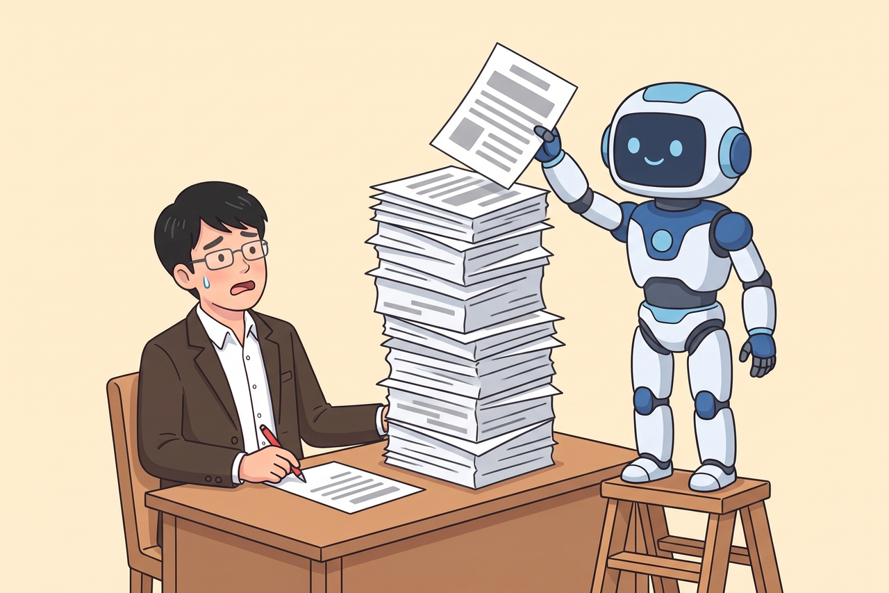 机の上に積み上がった原稿の山の前で島田が困り顔になり、脚立に乗ったAIロボットがさらに1枚載せようとしている場面