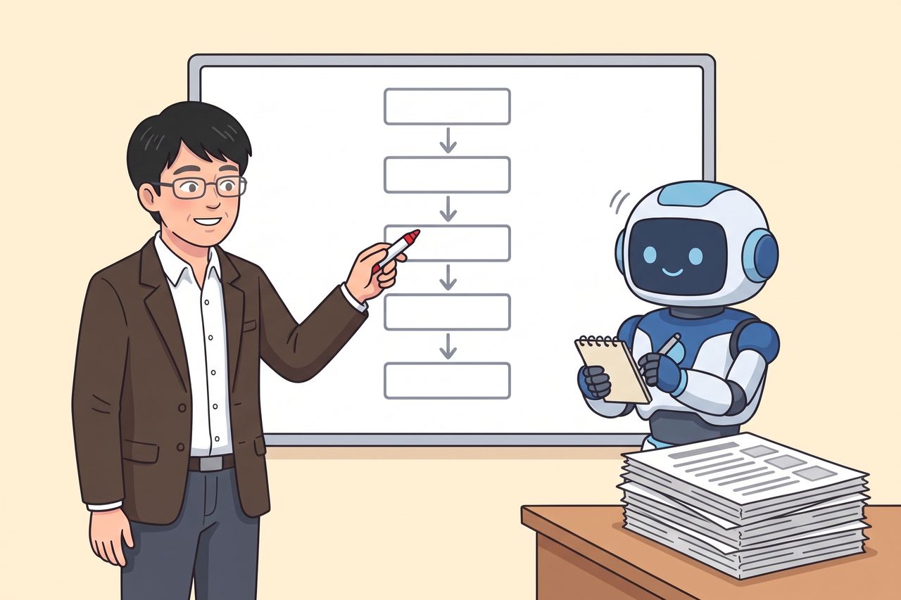 構成図の箱を赤いマーカーで指しながら説明する島田と、メモを取るAIロボット。机の端には前の下書きが置いたままになっている様子