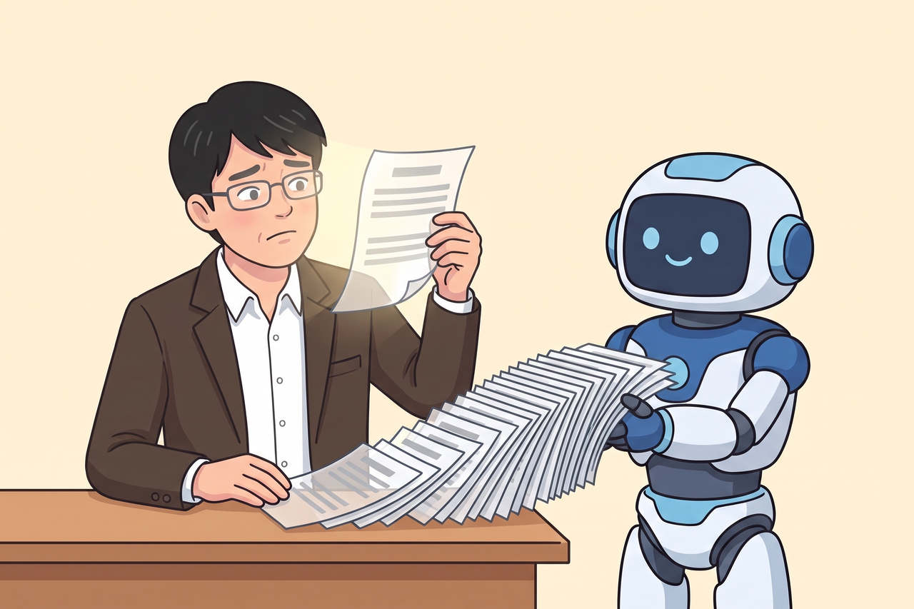 AIロボットが広げたたくさんの原稿の中から、島田が光に透けるほど薄い1枚を持ち上げて困った顔をしている場面