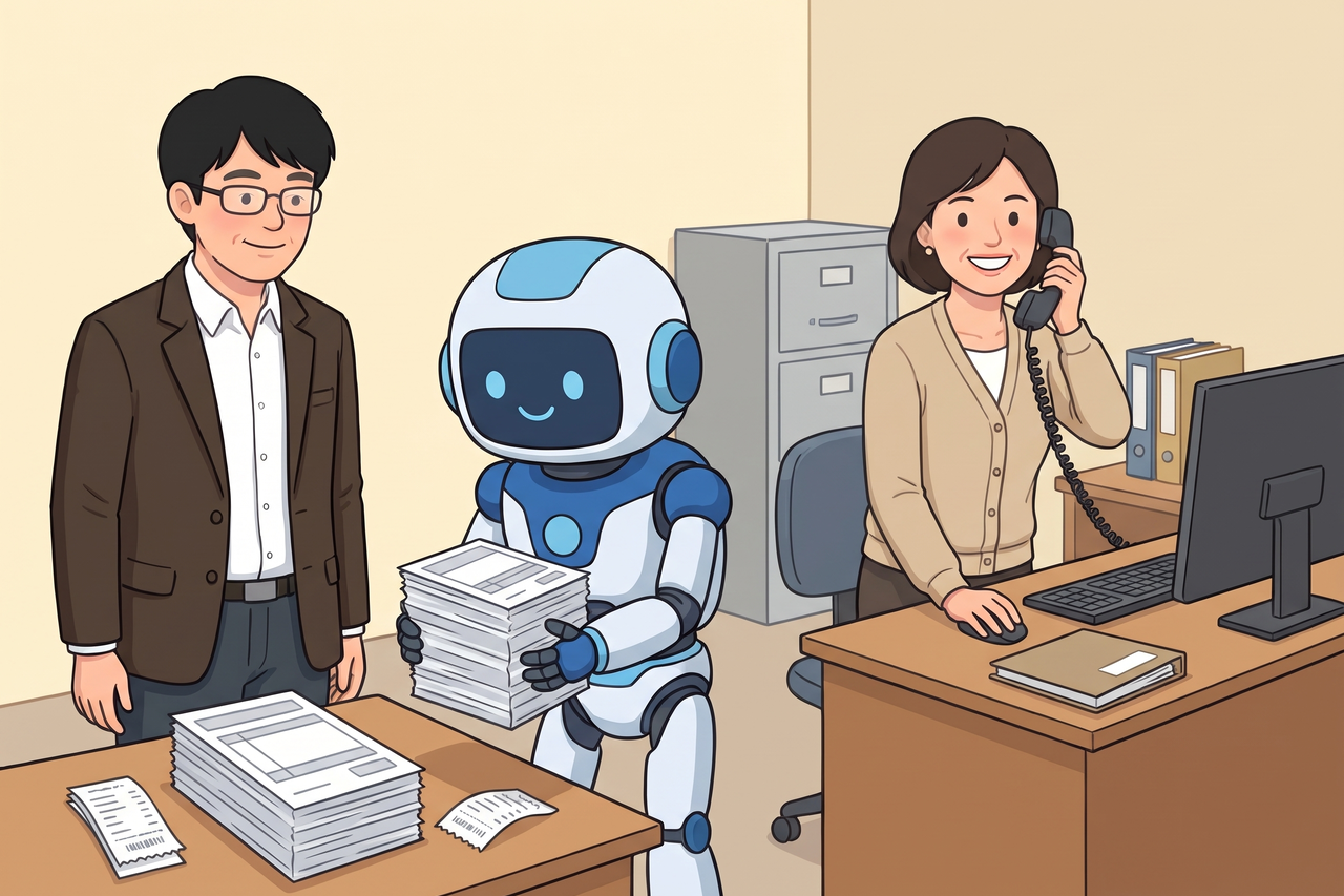 事務の書類をロボットが片付け、受話器を手にした事務員さんが立ち上がる様子を見守る島田