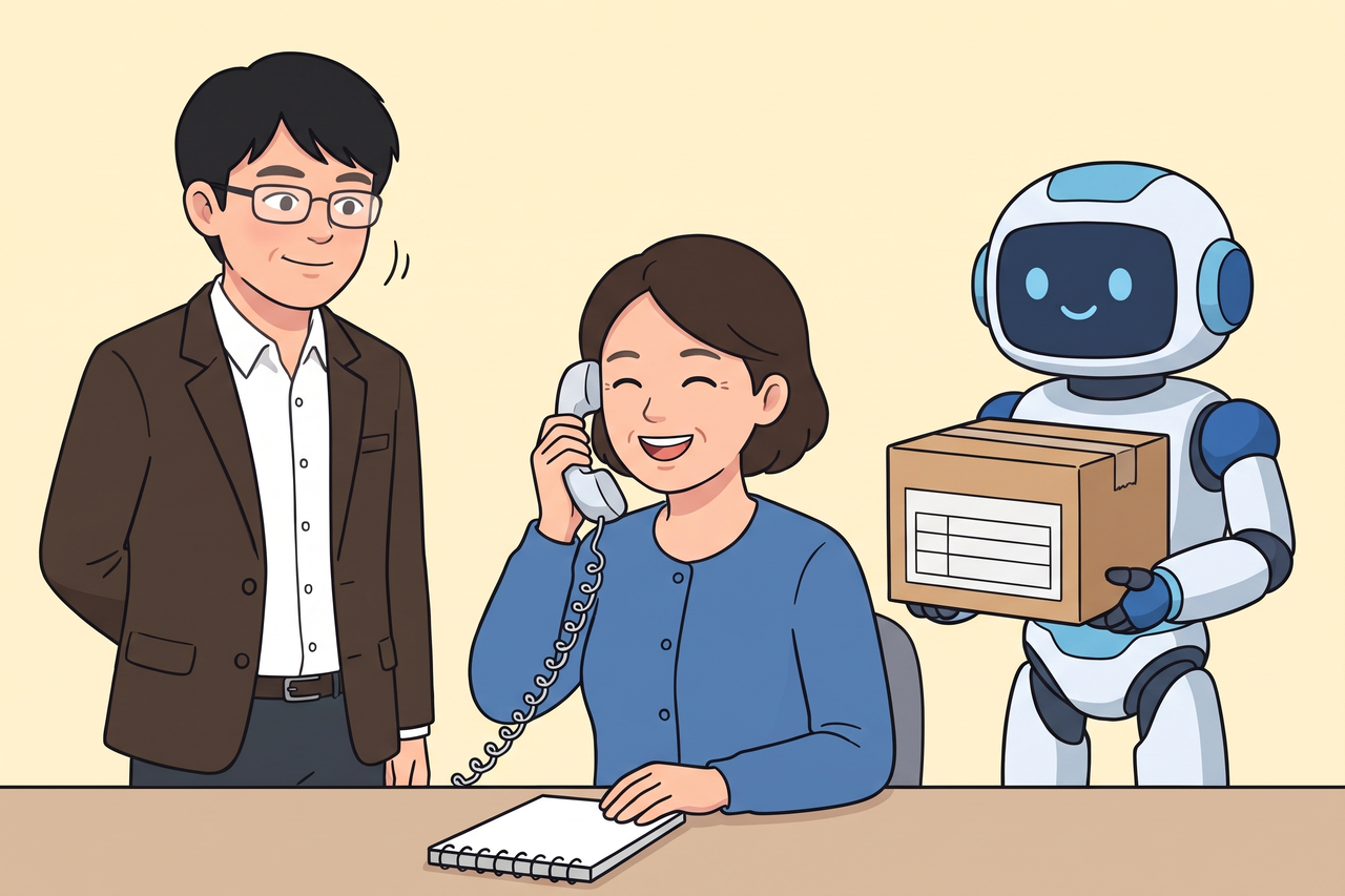 机で電話をしながら笑顔で話す事務員さんと、後ろで書類の箱を運ぶロボット