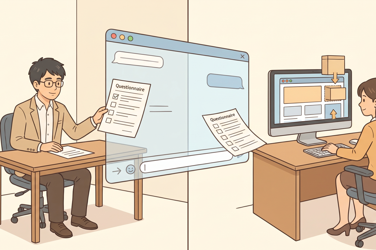 チャット画面越しに質問シートがやり取りされているイラスト