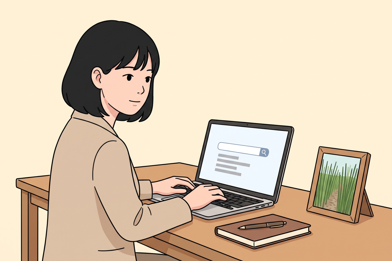 記者がノートパソコンで検索しながら、取材先を探している場面