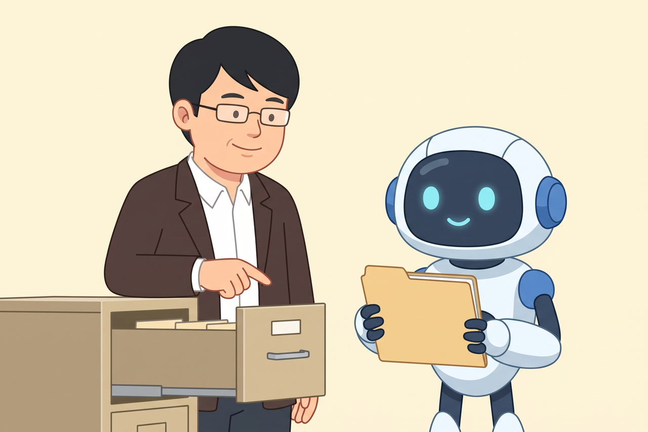 開いた引き出しを指す島田と、見つけた書類を持つAIロボット