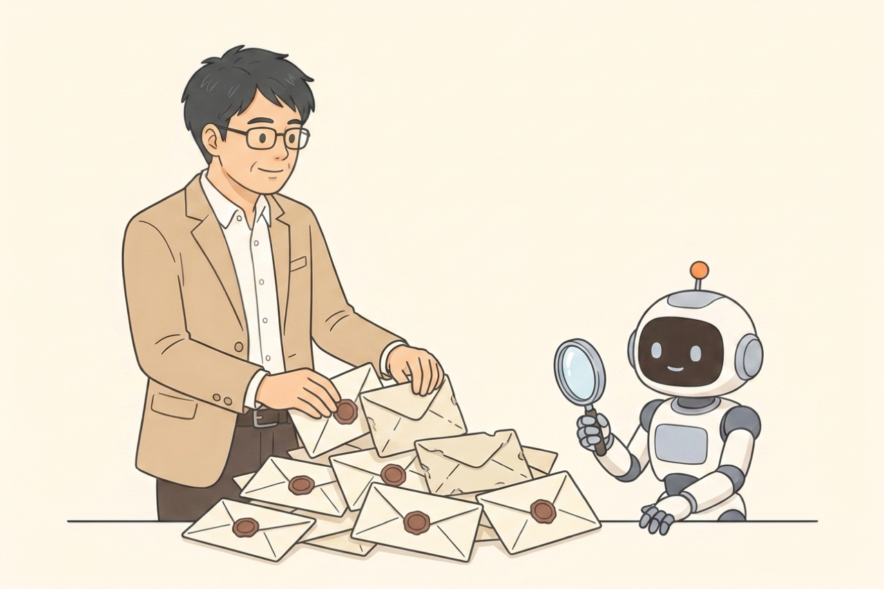 自社の名前を騙った偽メールが混ざった郵便物を、封蝋の印で仕分けている経営者とAIロボットのイラスト