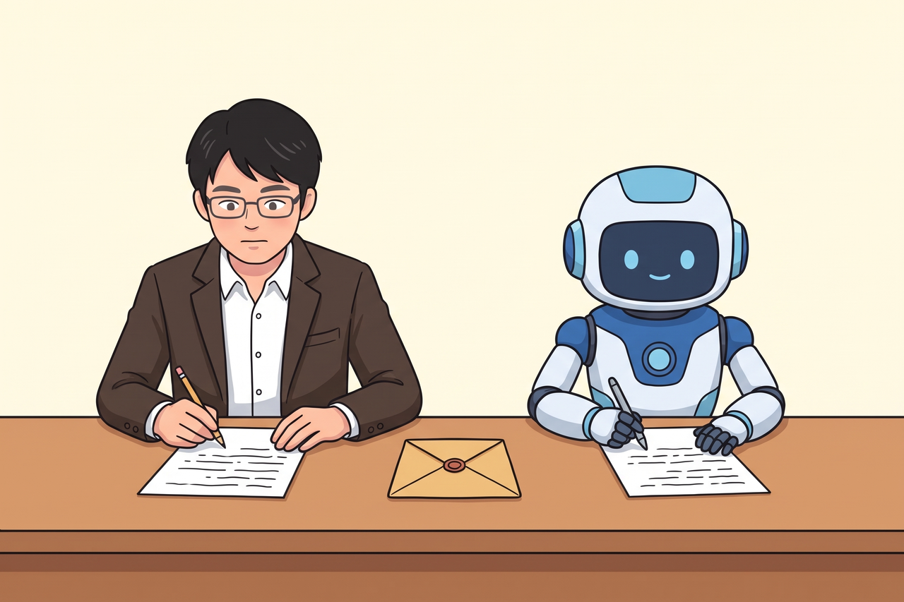 島田とAIロボットが同じ机で向き合い、それぞれ紙に自分の返事を書いている。机の中央には封蝋で封をされた紙束が置かれている