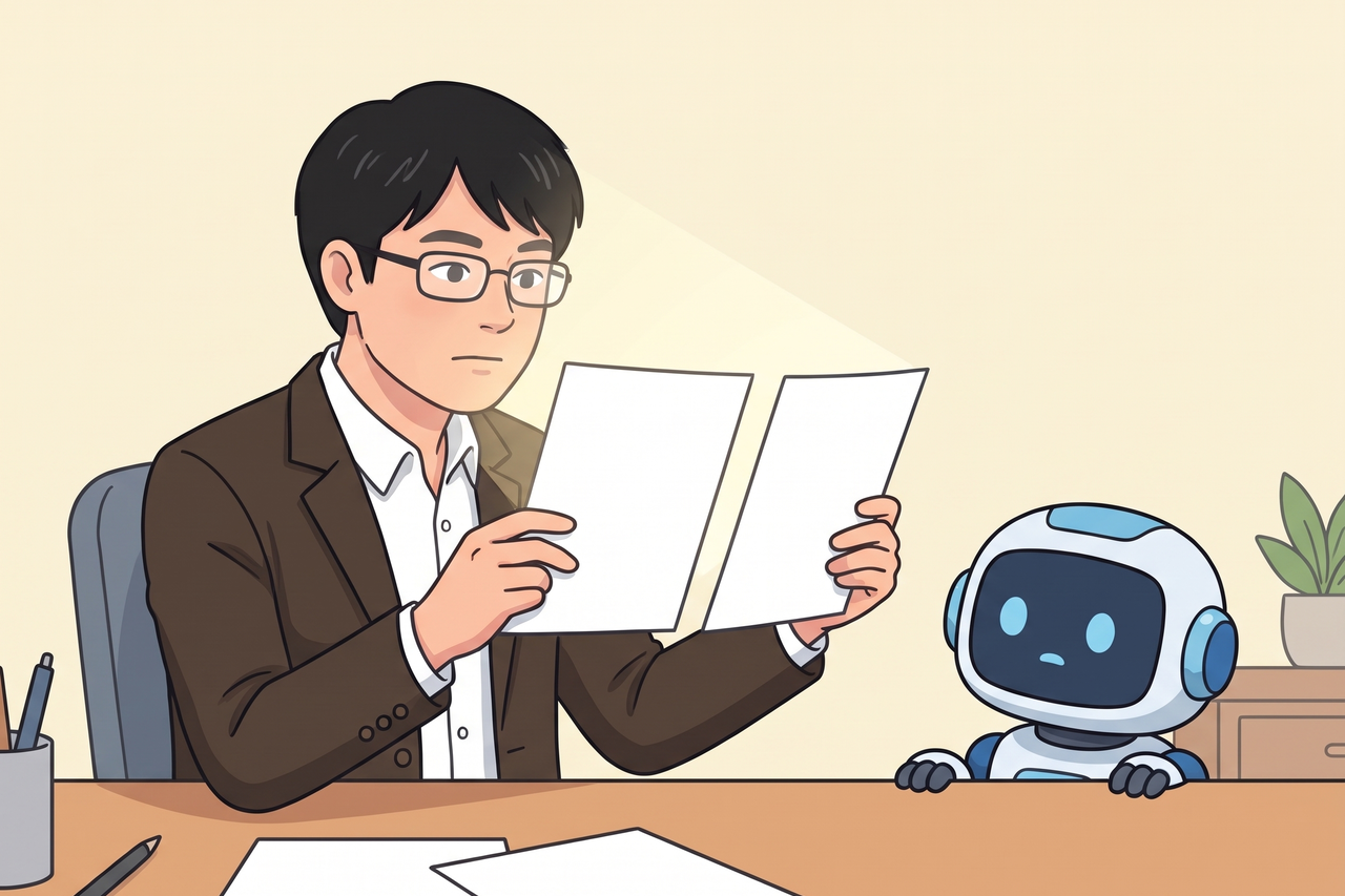 人の手が封蝋で封をされた紙を持ち上げ、ロボットが空白の紙にペンを構えて答えを書こうとしている場面