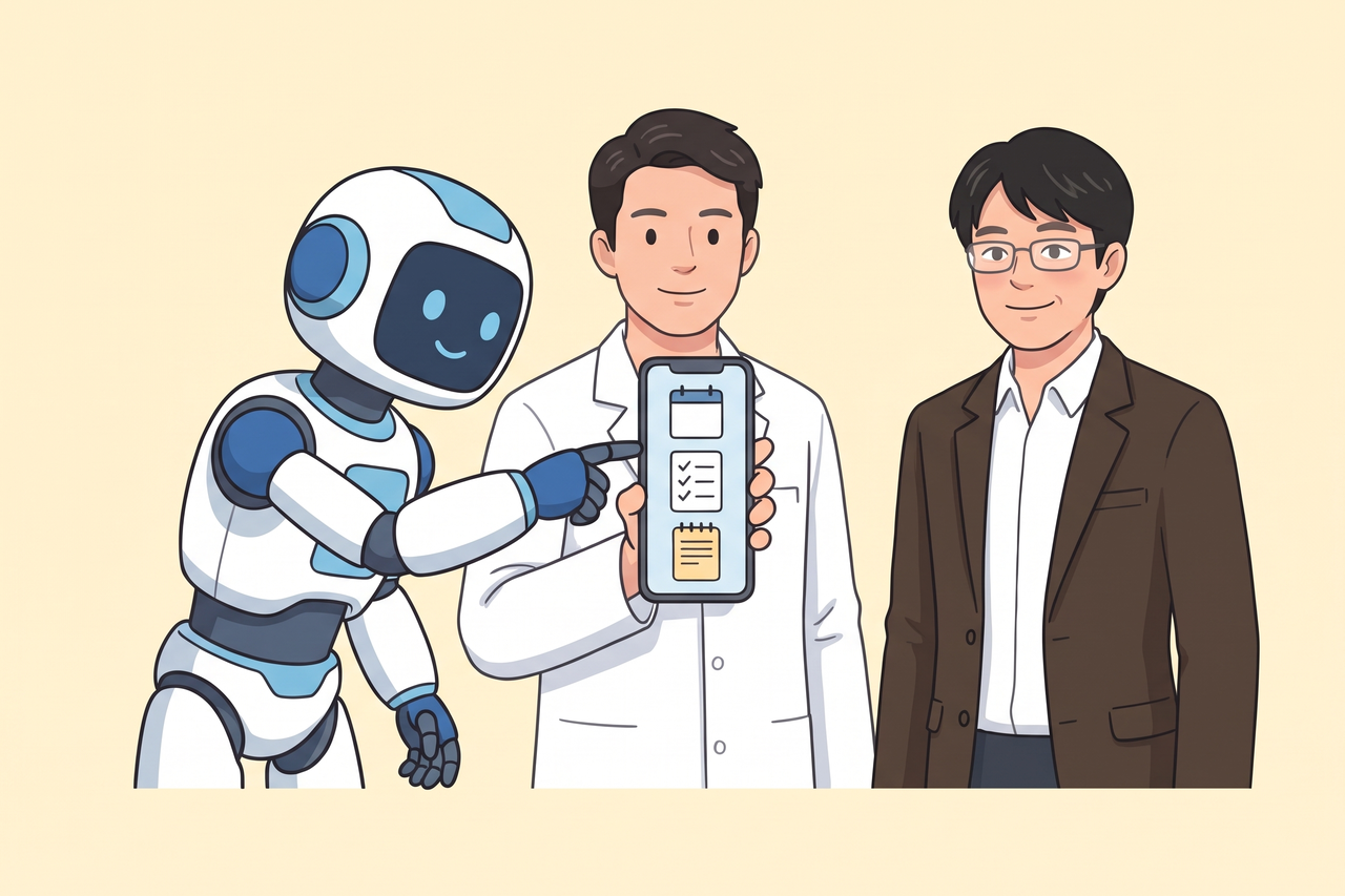 治療院の先生が持つスマホの3つのアイコンを、ロボットが指さしているイラスト