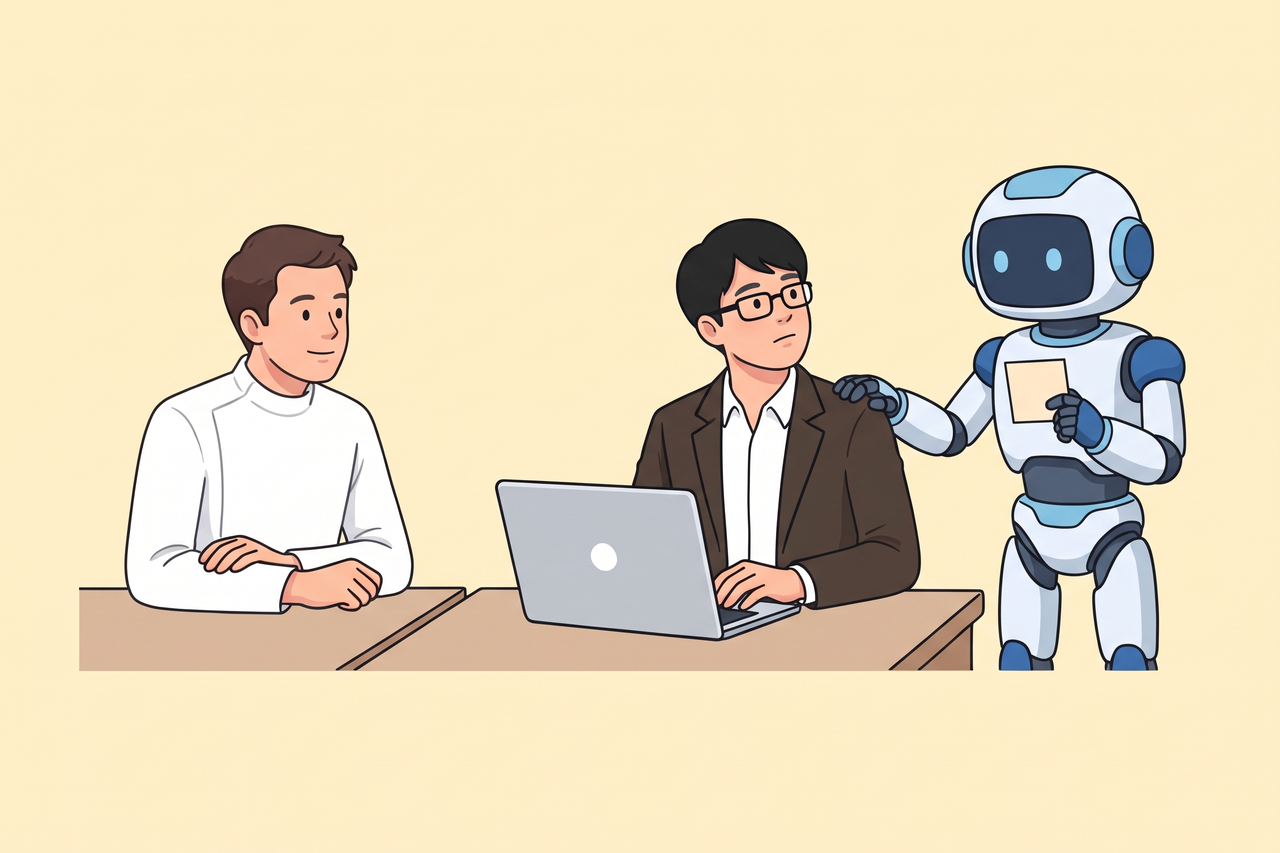 ノートパソコンで働く男性の肩をロボットがたたいてメモを見せ、隣の席の治療院の先生がそれを見ている