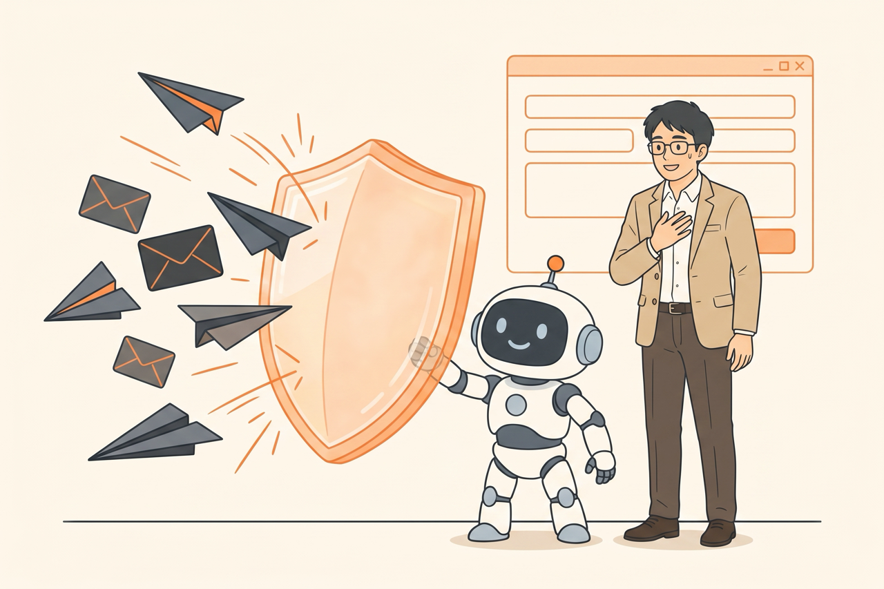 問い合わせフォームに押し寄せる機械的な迷惑送信を、盾でブロックするイラスト