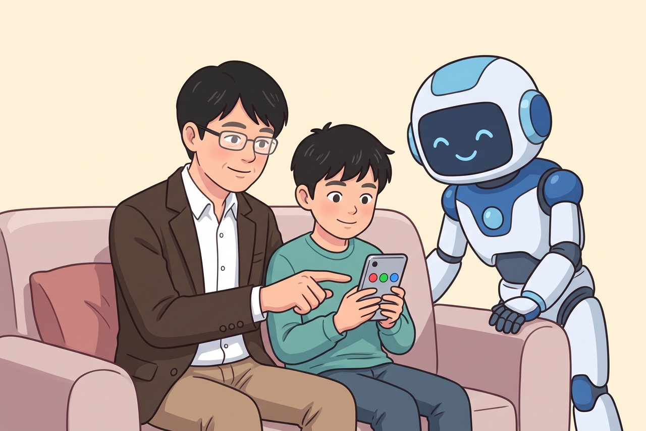 スマホを持つ子どもに、画面の3つのアイコンを指さして話す男性と、後ろでほほえむロボット