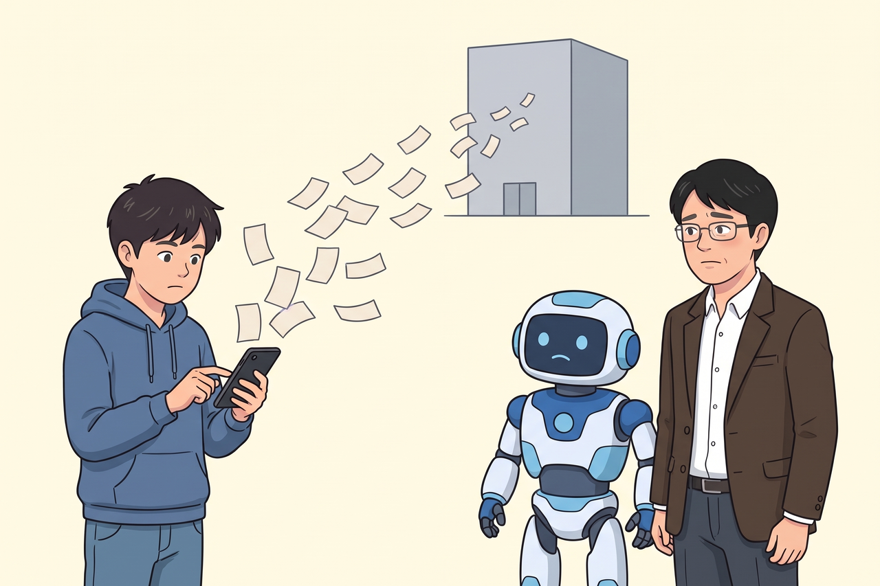 スマホから小さな紙が遠くの建物へ飛んでいくのを見守る男性とロボット