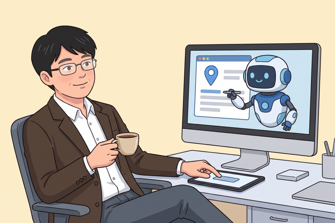 コーヒーを手にくつろぐ男性が確認ボタンに指を置き、画面の中でロボットがお店の情報カードを記入している