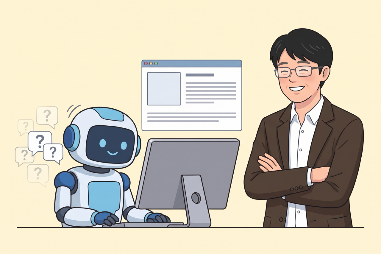 ロボットが会社のホームページを読み、質問の吹き出しが消えていくのを男性が腕組みで見ている