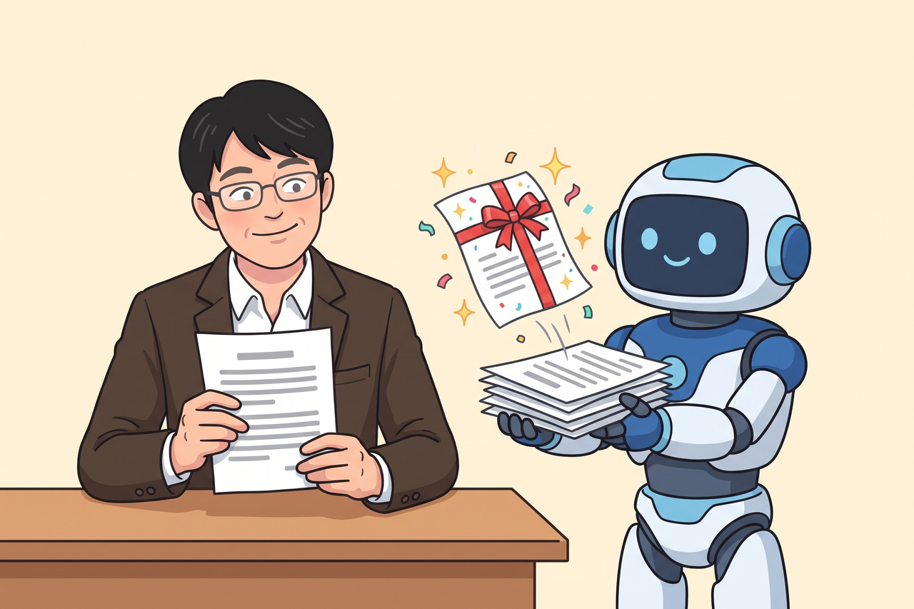 AIロボットが差し出した原稿の束から、頼んでいない企画の紙が飛び出し、島田が苦笑いしながら原稿を読んでいる様子