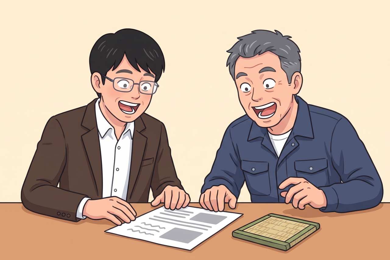 会員さんと島田が並んでプレスリリース原稿を読み、書いた覚えのない企画に気づいて驚いている場面