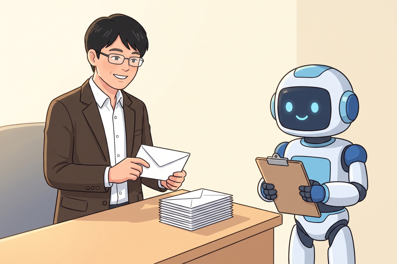 封筒の束を確かめる島田と、クリップボードを持つAIロボット