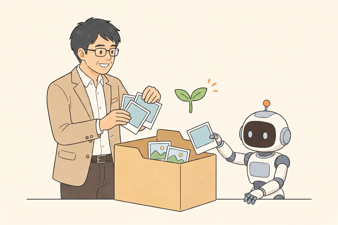 空っぽの画像フォルダの前で困る経営者と、代わりにその場で画像を生成しようとするAIロボットのイラスト