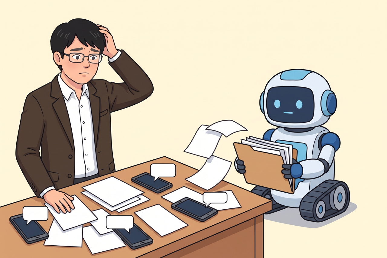 散らばった書類とスマートフォンを前に頭をかく男性と、書類をフォルダにまとめるロボット