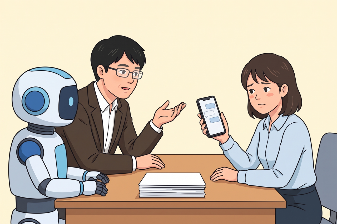 スマートフォンを手に困った顔をする社員さんに、ふだんの連絡手段を尋ねる男性