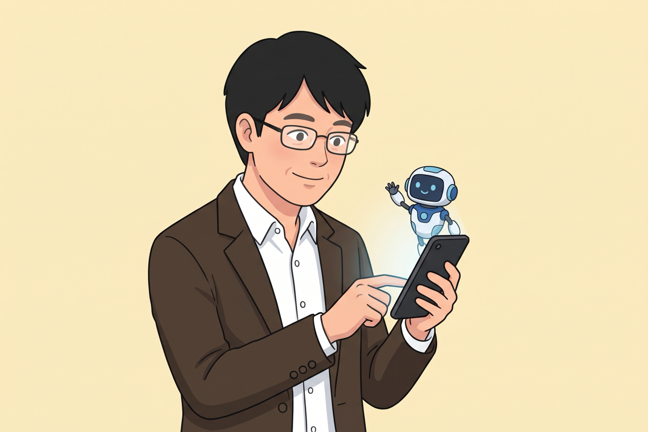 スマートフォンを手にする島田と、画面の上で手を振る小さなAIロボット