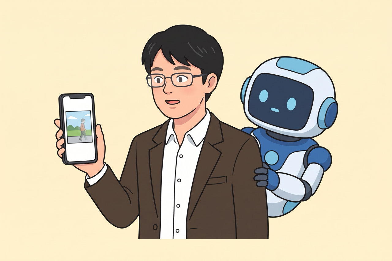 通行人が消えていく写真をスマートフォンで見せる島田と、のぞき込むAIロボット