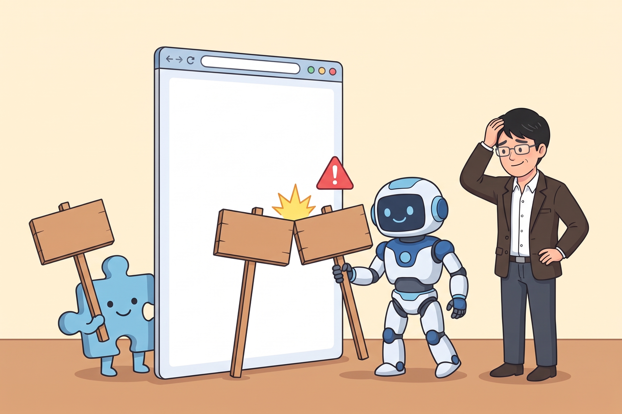 検索エンジン向けの案内板をプラグインとAIロボットが同じページに立ててしまい、ぶつかって島田が額に手を当てている様子
