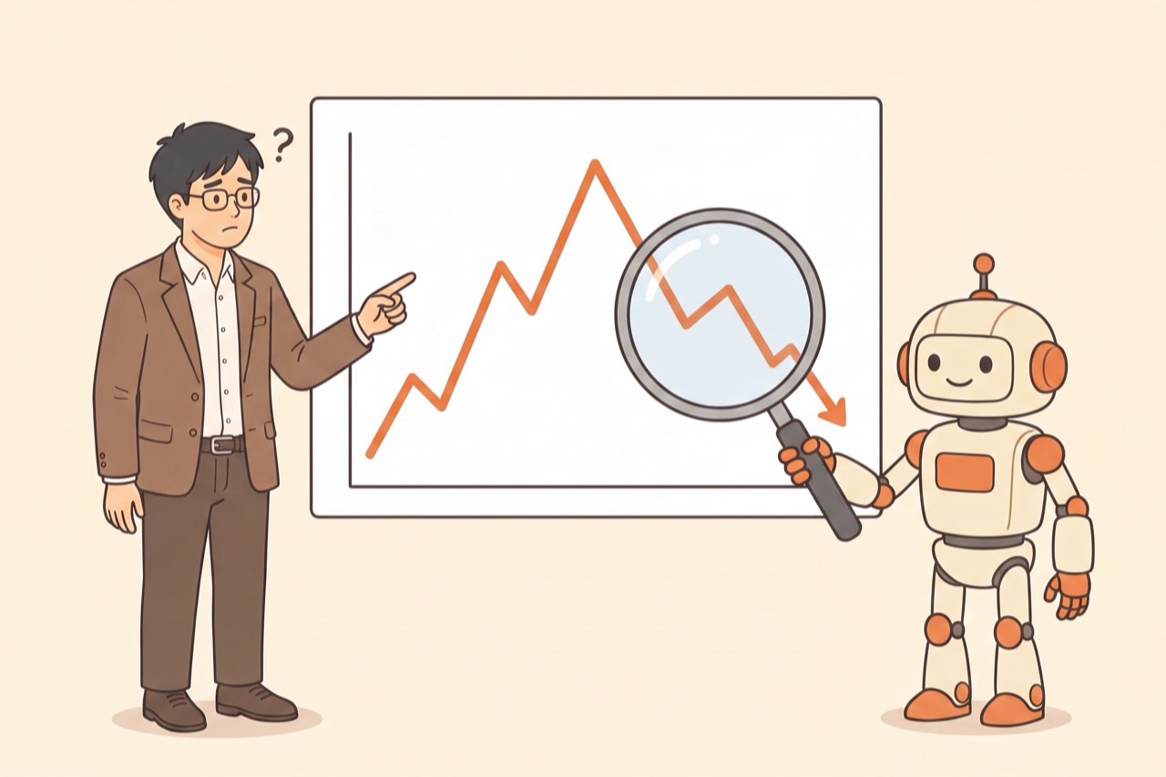 投稿を重ねたグラフが途中から下がっていくのを島田とロボットが確かめているイラスト