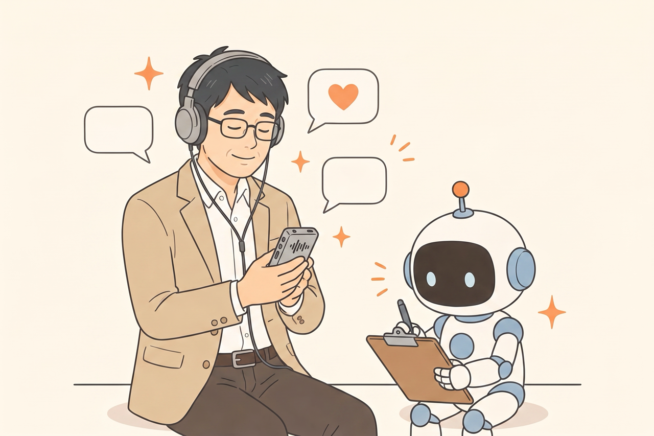 経営者が録音機を手に商談を振り返り、吹き出しの中からお客様の本音がこぼれ出てくるイラスト