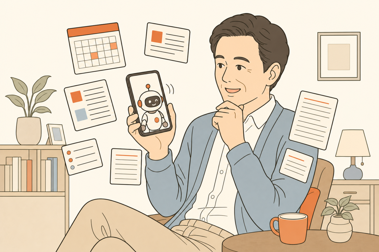 手元のスマートフォンやノートパソコンの内部で、小さなAIが対話しながら作業を手伝っているイメージ