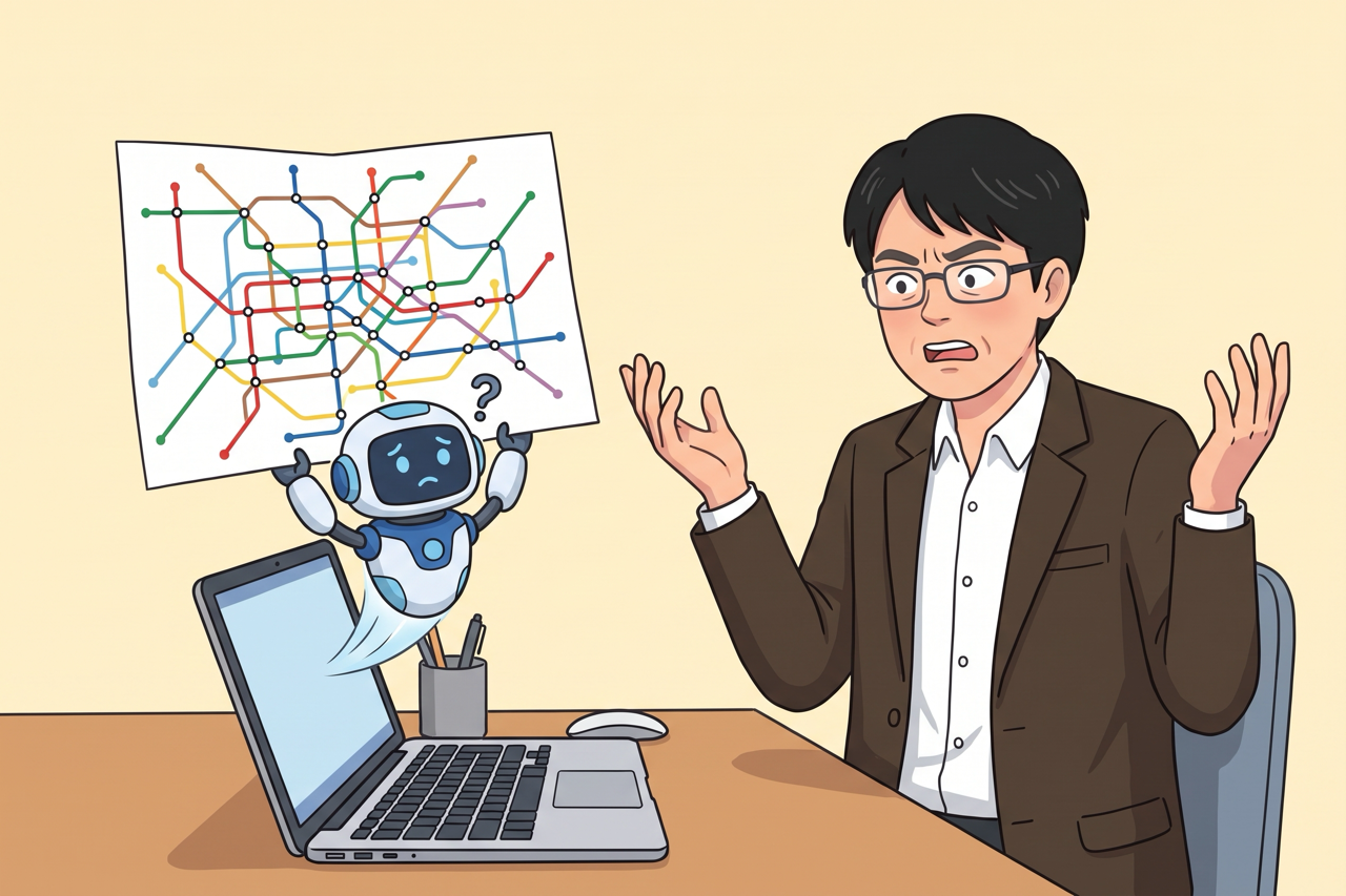 パソコンから飛び出した小さなAIロボットが絡まった路線図を掲げ、島田があきれている