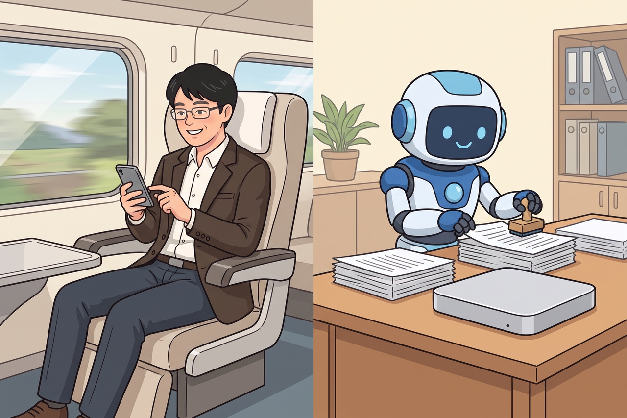 新幹線でスマートフォンから頼む男性と、会社の小さなMacの横で書類を片付けるロボット