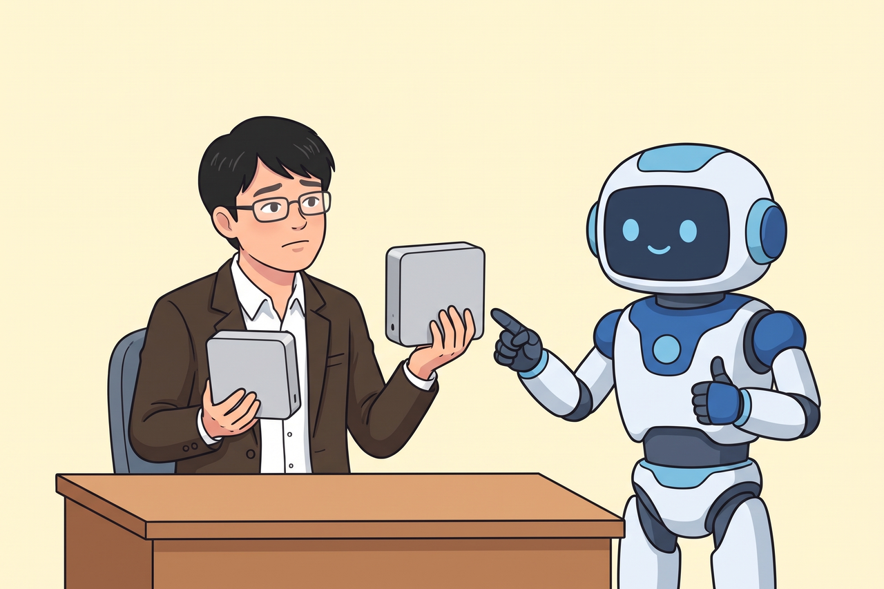 2台の小さなパソコンを見比べる男性と、親指を立てるロボット